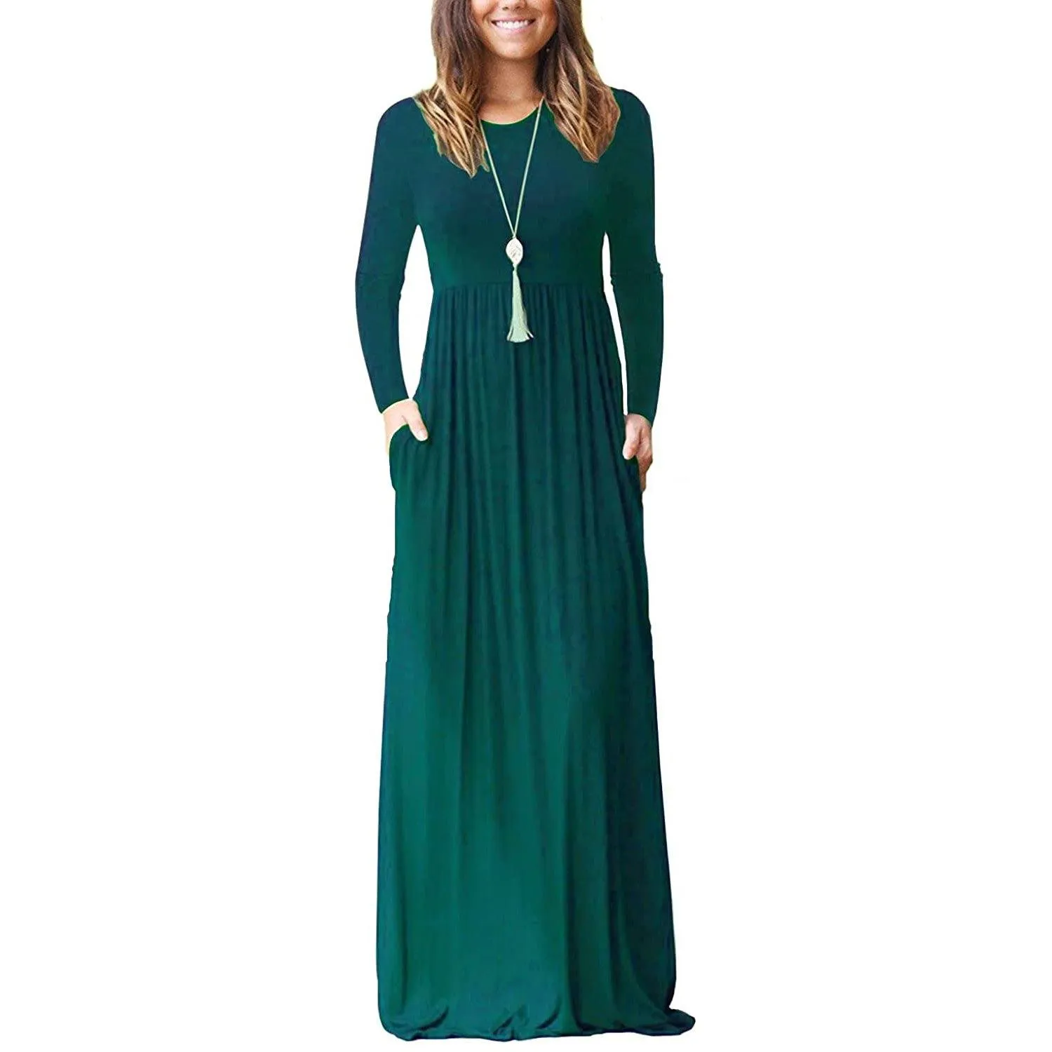 Women Long Sleeve Loose Plain Maxi Dresses Casual Long Dresses with Pockets