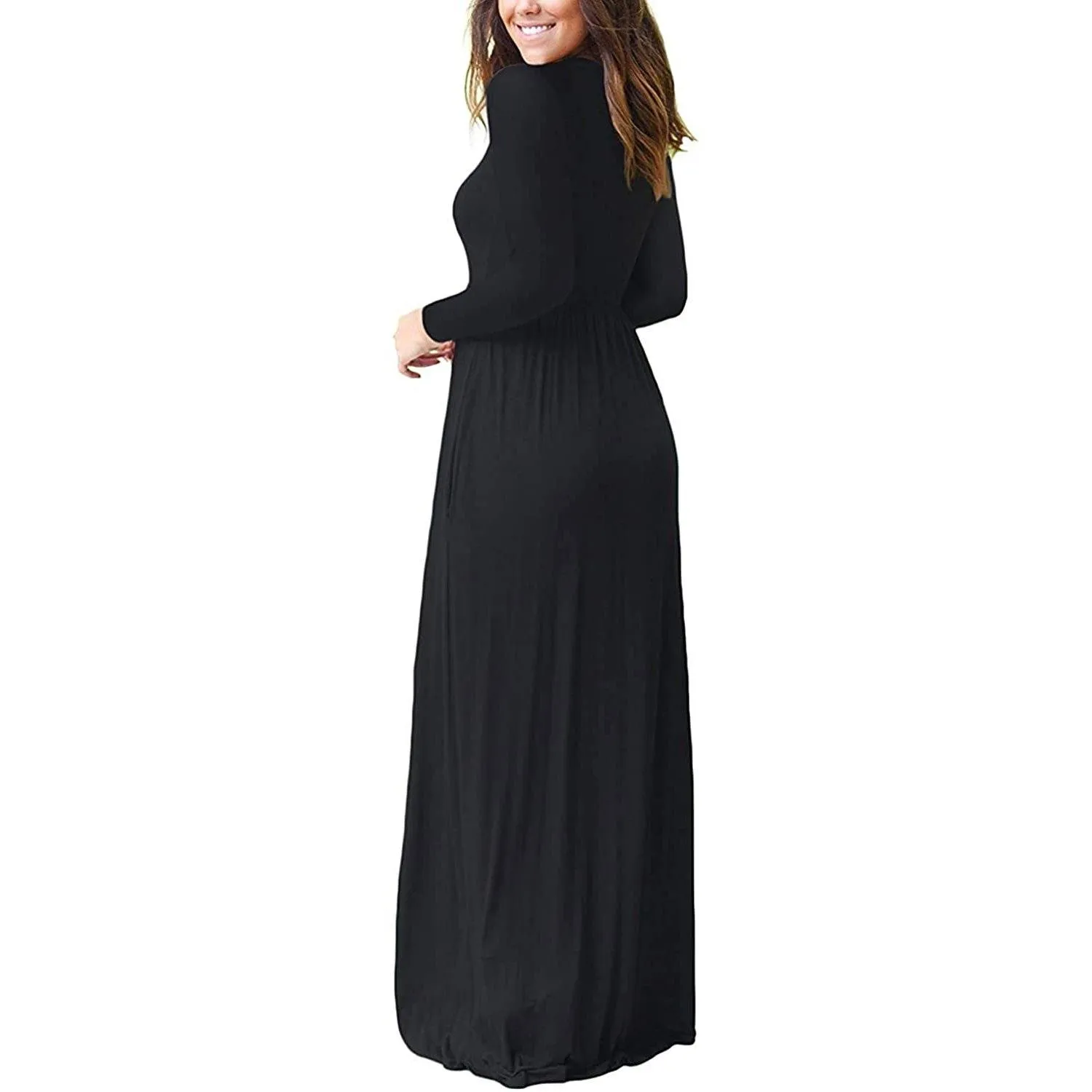 Women Long Sleeve Loose Plain Maxi Dresses Casual Long Dresses with Pockets