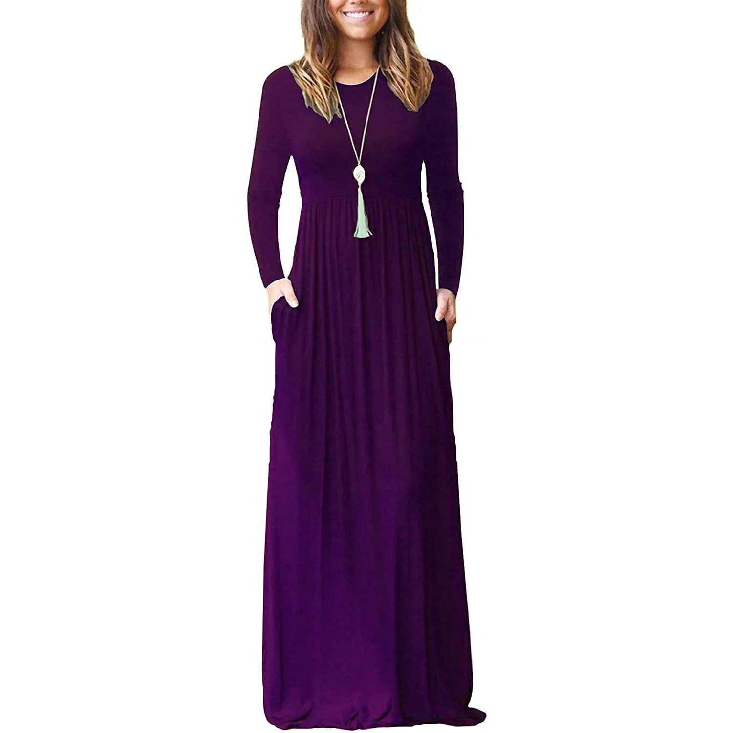 Women Long Sleeve Loose Plain Maxi Dresses Casual Long Dresses with Pockets