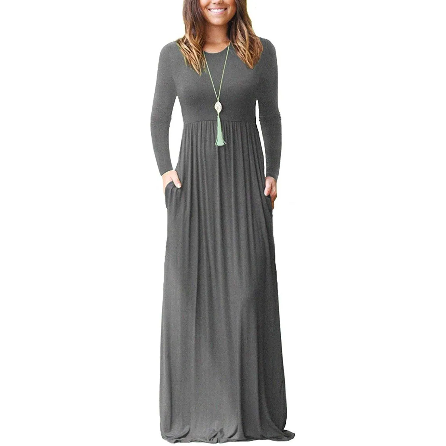 Women Long Sleeve Loose Plain Maxi Dresses Casual Long Dresses with Pockets