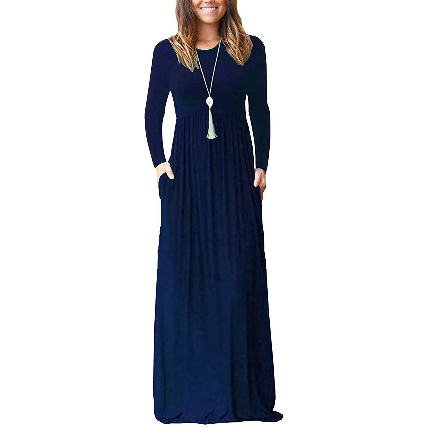 Women Long Sleeve Loose Plain Maxi Dresses Casual Long Dresses with Pockets