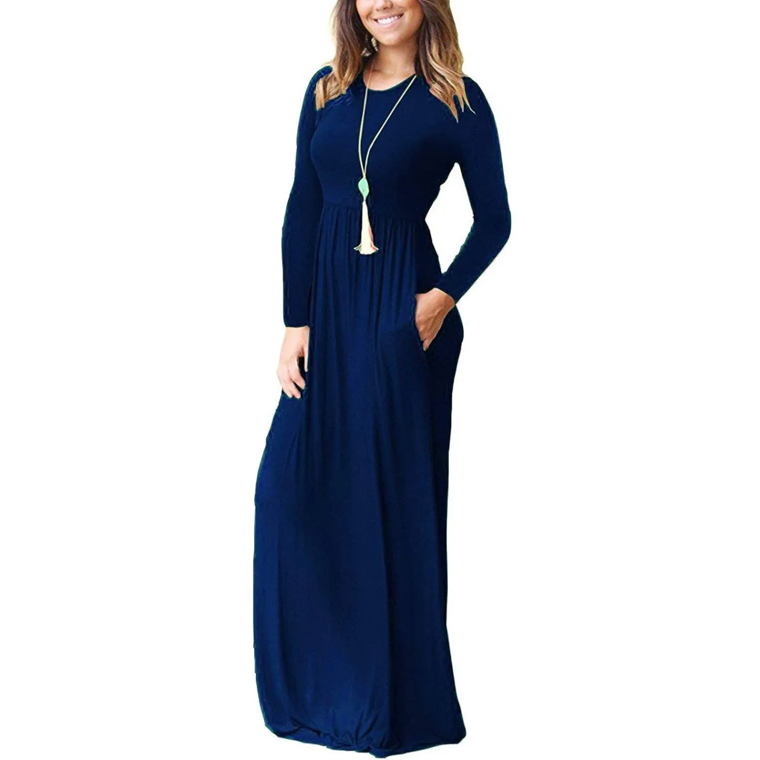 Women Long Sleeve Loose Plain Maxi Dresses Casual Long Dresses with Pockets