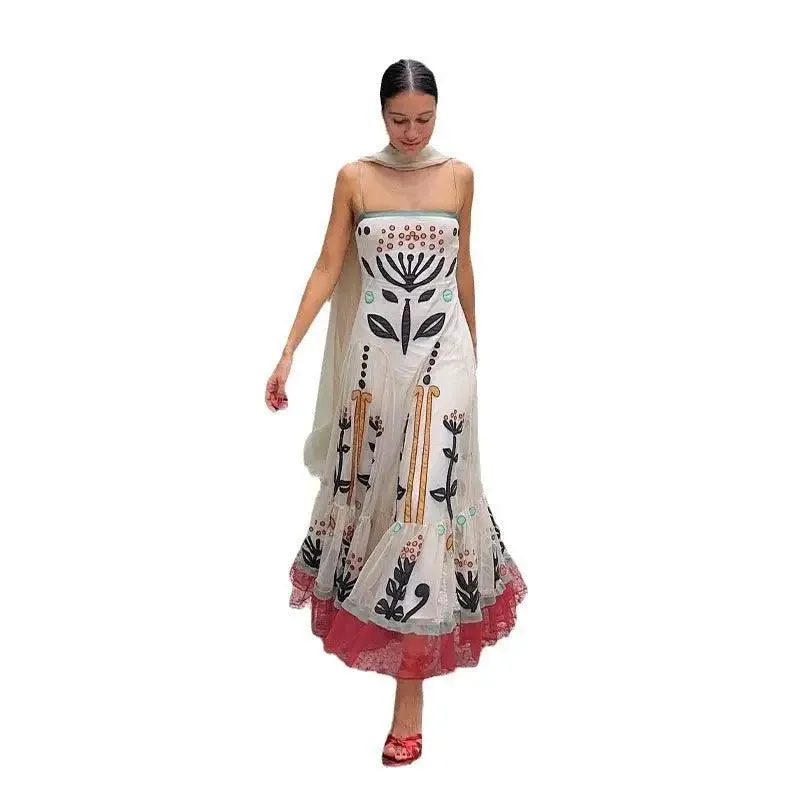 Women’s Chiffon Printed Sling Flower Embroidery Dress