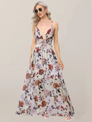 Women's chiffon printed suspender sexy long dress