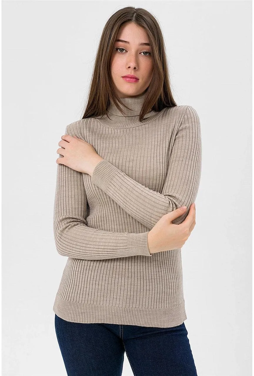 Women's Knitted High Neck Sweater - Stone Color | Cozy Corduroy Knit