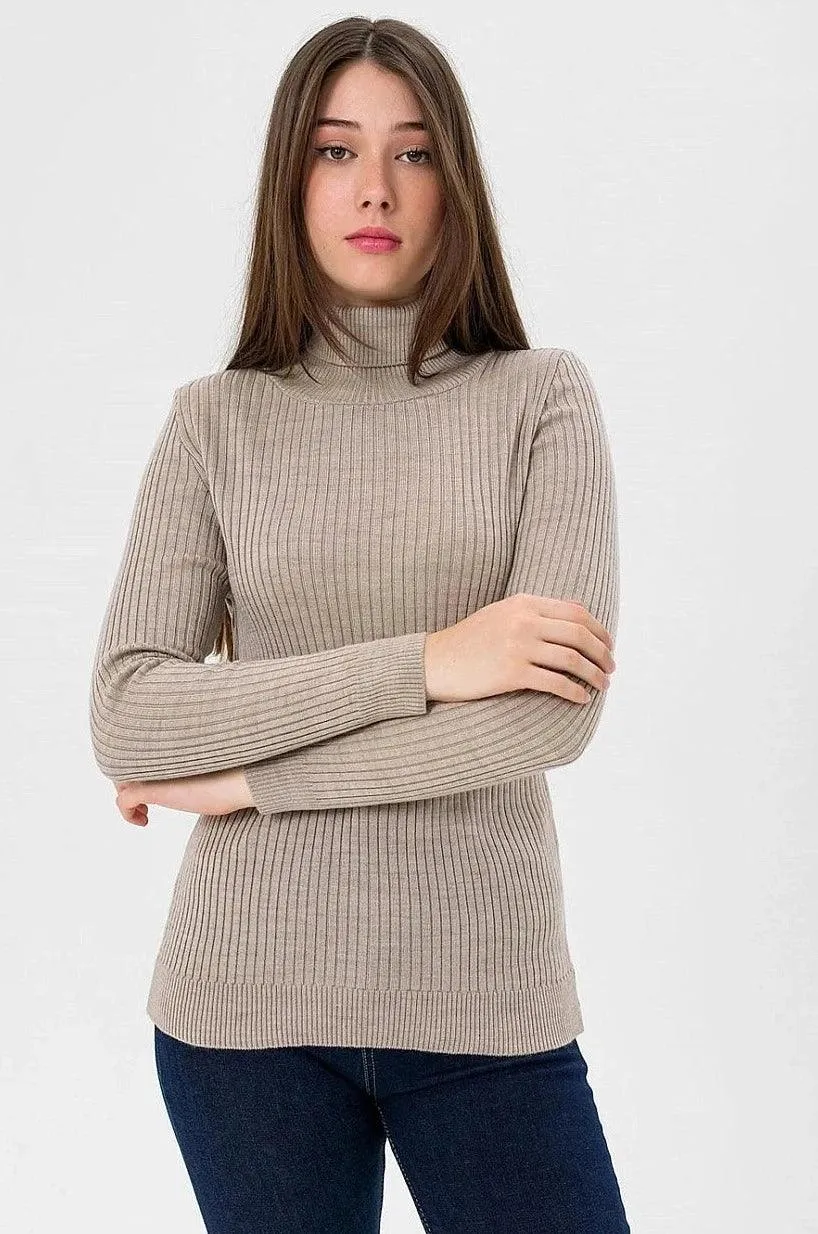 Women's Knitted High Neck Sweater - Stone Color | Cozy Corduroy Knit