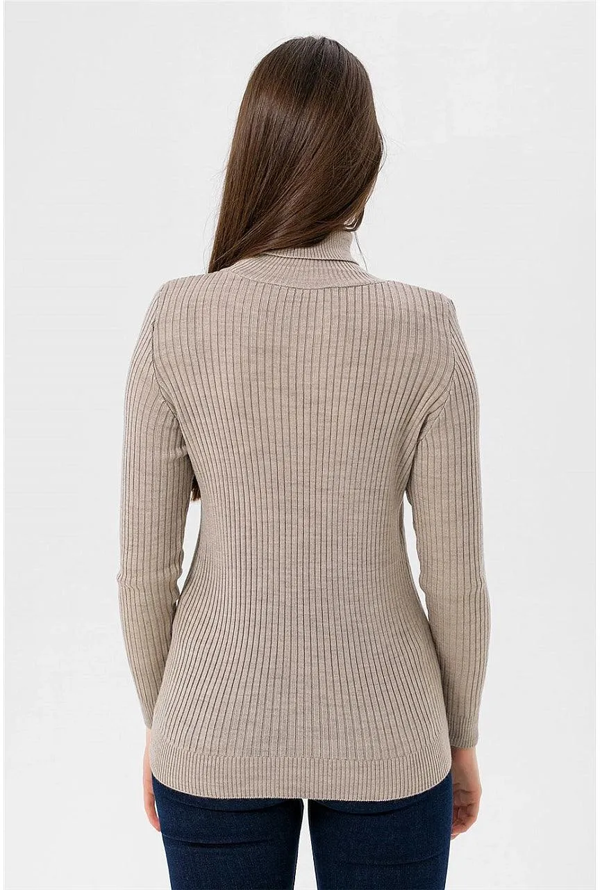 Women's Knitted High Neck Sweater - Stone Color | Cozy Corduroy Knit