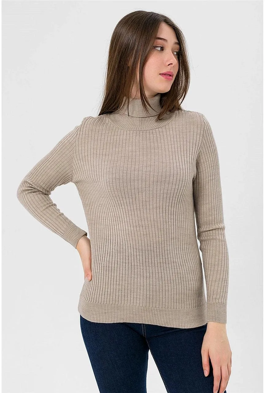 Women's Knitted High Neck Sweater - Stone Color | Cozy Corduroy Knit