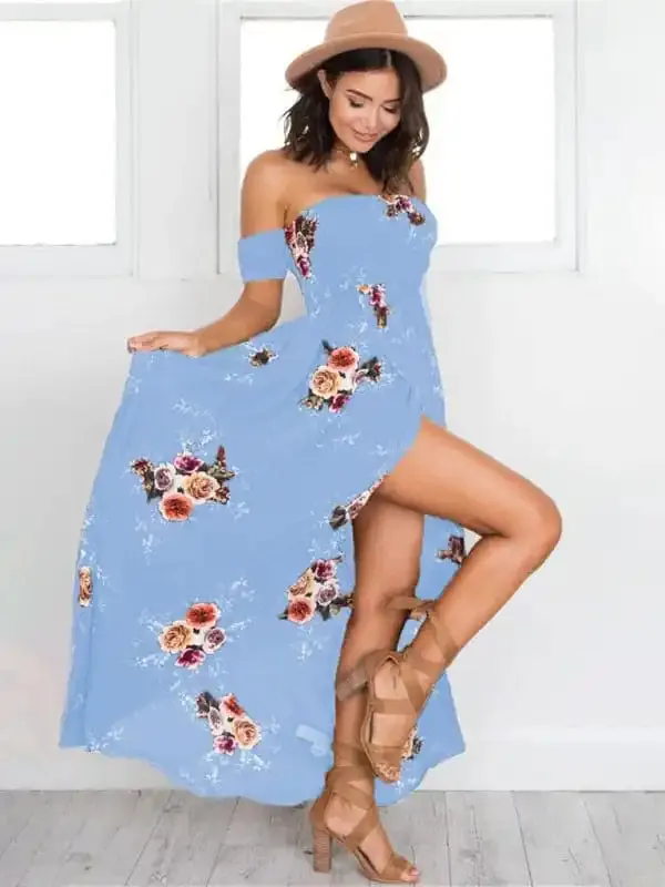 Women’s printed one-shoulder strapless chiffon printed slit dress