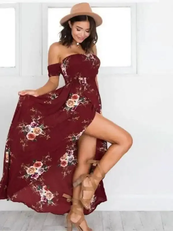 Women’s printed one-shoulder strapless chiffon printed slit dress